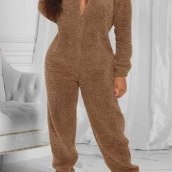 Levency Fuzzy Hoodie Collar Jumpsuit Pajamas