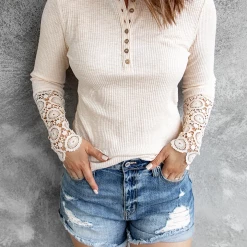 Levency Button Lace Patchwork Long Sleeve T Shirt