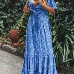 Levency Floral Print Short Sleeve Maxi Dress