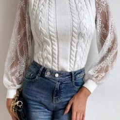 Levency New In Tulle Lace Sleeve High Collar Sweater