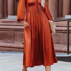 Levency New In Satin Pocket Drawstring Long Sleeve Midi Dress