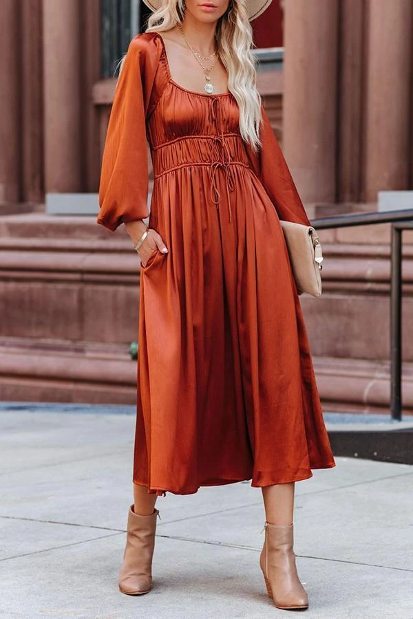 Levency New In Satin Pocket Drawstring Long Sleeve Midi Dress 2 Levency New In Satin Pocket Drawstring Long Sleeve Midi Dress