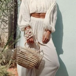 Levency Off Shoulder Ruched Crop Top Pants Sets