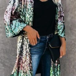 Levency Sequins Three-quarter Sleeve Buttonless Jacket