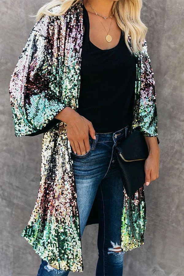 Levency Sequins Three-quarter Sleeve Buttonless Jacket 2 Levency Sequins Three-quarter Sleeve Buttonless Jacket