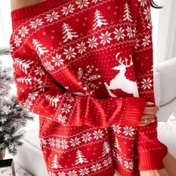 Levency New In Christmas Print Dew Shoulder Sweater Dress