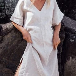 Levency New In V Neck Side Slit Midi Dress