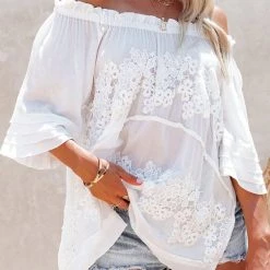 Levency New In Off The Shoulder Flare Sleeve Crochet Tunic