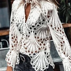 Levency New In Hollow Lace Button Up Top