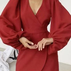 Levency V Neck Puff Sleeve Slit Hem Mini Dress New In