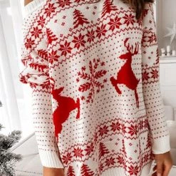 Levency New In Christmas Print Dew Shoulder Sweater Dress