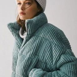 Levency Corduroy Stand Collar Puffer Coat