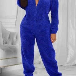 Levency Fuzzy Hoodie Collar Jumpsuit Pajamas