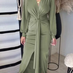 Levency Deep V Neck Slit Hem Knotted Maxi Dress