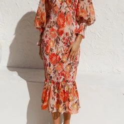 Levency New In V Neck Puff Sleeve Smocked Waist Midi Dress