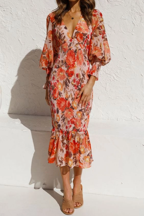 Levency New In V Neck Puff Sleeve Smocked Waist Midi Dress 1 Levency New In V Neck Puff Sleeve Smocked Waist Midi Dress