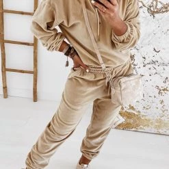 Levency New In Velvet Drawstring Hooded Joggrt Set