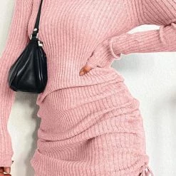 Levency New In V Neck Side Drawstring Knit Mini Dress