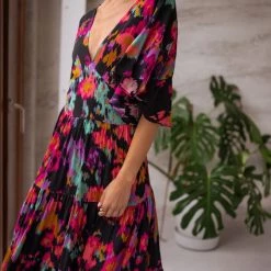 Levency New In V Neck Floral Bat Maxi Dress