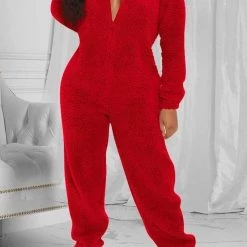 Levency Fuzzy Hoodie Collar Jumpsuit Pajamas