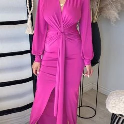 Levency Deep V Neck Slit Hem Knotted Maxi Dress