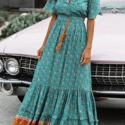 Levency Floral Print Short Sleeve Maxi Dress