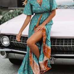 Levency Floral Print Short Sleeve Maxi Dress