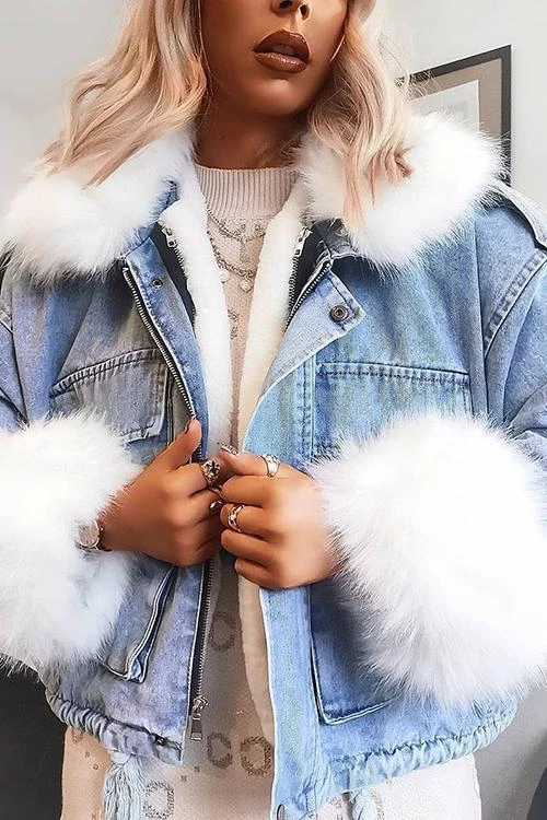 Levency Detachable Fuzzy Faux Fur Collar Denim Coat New In 30 Levency Detachable Fuzzy Faux Fur Collar Denim Coat New In
