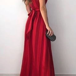 Levency Stripe V Neck Belted Sleeveless Maxi Dress