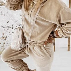 Levency New In Velvet Drawstring Hooded Joggrt Set