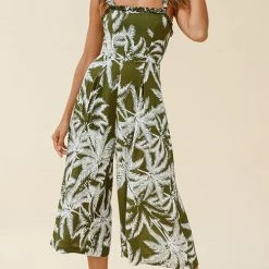 Levency New In Palm Print Slip Wide Leg Jumpsuits