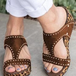 Levency Leopard Peep Toe Studded Slide Wedge Sandals New In