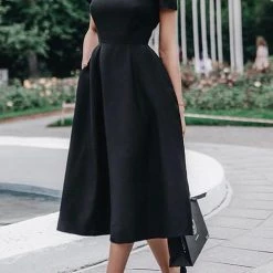 Levency Solid Short Sleeve A Line Dress New In