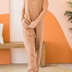 Levency V Neck Solid Sleeveless Pocket Jumpsuit