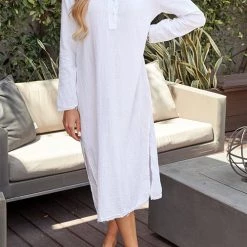 Levency New In Button Henley Tunic Slit Midi Dress