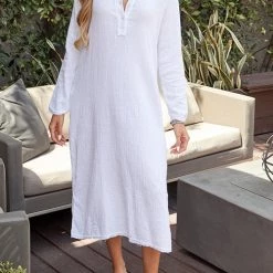 Levency New In Button Henley Tunic Slit Midi Dress