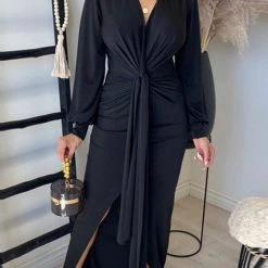 Levency Deep V Neck Slit Hem Knotted Maxi Dress