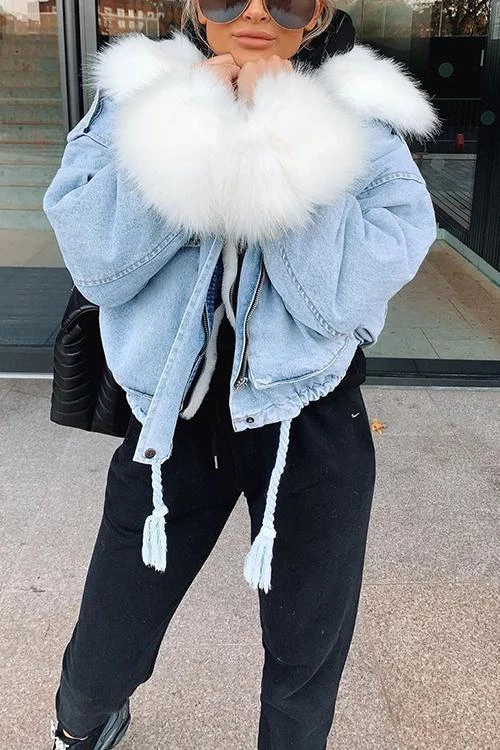 Levency Detachable Fuzzy Faux Fur Collar Denim Coat New In 13 Levency Detachable Fuzzy Faux Fur Collar Denim Coat New In