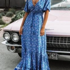 Levency Floral Print Short Sleeve Maxi Dress