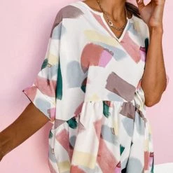 Levency Print Cuffed Sleeves Peplum Blouse