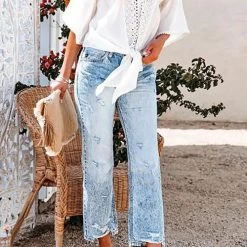 Levency New In V Neck Knot Embroidery Bell Sleeve Blouse