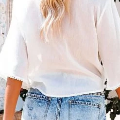 Levency New In V Neck Knot Embroidery Bell Sleeve Blouse