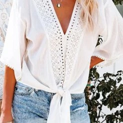 Levency New In V Neck Knot Embroidery Bell Sleeve Blouse