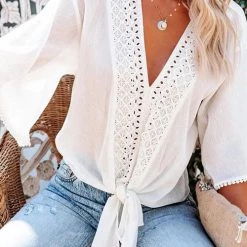 Levency New In V Neck Knot Embroidery Bell Sleeve Blouse