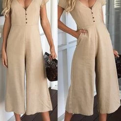 Levency New In Button V Neck Short Sleeve Jumpsuits