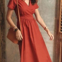 Levency New In V Neck Short Sleeve Midi Dress