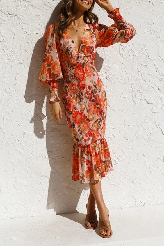 Levency New In V Neck Puff Sleeve Smocked Waist Midi Dress 3 Levency New In V Neck Puff Sleeve Smocked Waist Midi Dress