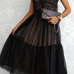 Levency V Neck Polka Dot Lace Mesh Slip Dress