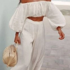 Levency Off Shoulder Ruched Crop Top Pants Sets