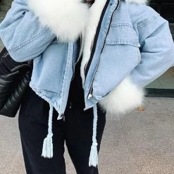 Levency Detachable Fuzzy Faux Fur Collar Denim Coat New In 60 Levency Detachable Fuzzy Faux Fur Collar Denim Coat New In